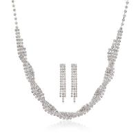 Conjuntos de joyería de aleación de zinc, pendiente & collar, con 12cm extender cadena, chapado en color de plata, para mujer & con diamantes de imitación, libre de níquel, plomo & cadmio, 1cm,0.7x4.9cm, longitud 32 cm, Vendido por Set