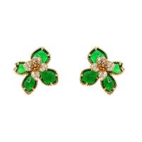 Brass Earring Clip, Four Leaf Clover, gold color plated, fashion jewelry & micro pave cubic zirconia & for woman, green, nickel, lead & cadmium free, 21x20mm, Sold By Pair