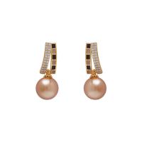 Brass Earring Clip with Plastic Pearl gold color plated fashion jewelry & micro pave cubic zirconia & for woman nickel lead & cadmium free Sold By Pair