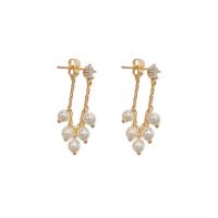Brass Stud Earring, with Plastic Pearl, 14K gold plated, fashion jewelry & micro pave cubic zirconia & for woman, nickel, lead & cadmium free, 36x5mm, Sold By Pair