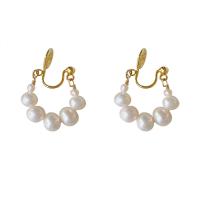 Brass Earring Clip, with Freshwater Pearl, gold color plated, fashion jewelry & for woman, white, nickel, lead & cadmium free, 30x21mm, Sold By Pair