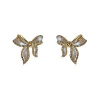 Brass Earring Clip, Bowknot, gold color plated, fashion jewelry & micro pave cubic zirconia & for woman & enamel, white, nickel, lead & cadmium free, 19mm, Sold By Pair