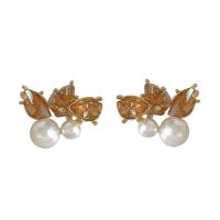 Messing Ørering Klip, med Krystal & Plastic Pearl, guldfarve belagt, mode smykker & for kvinde, Champagne, nikkel, bly & cadmium fri, 14x17mm, Solgt af par