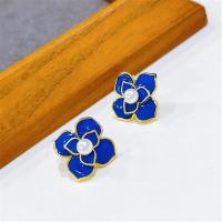 Brass Stud Earring with Plastic Pearl Flower fashion jewelry & for woman & enamel nickel lead & cadmium free 17mm Sold By Pair