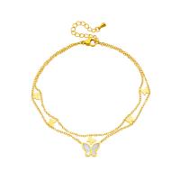 Fashion Jewelry Anklet, Titanium Steel, with Shell, with 1.97inch extender chain, Butterfly, plated, Double Layer & for woman, golden, 10mm, Sold Per Approx 7.87 Inch Strand