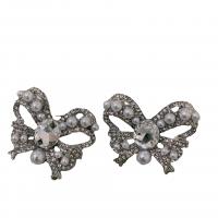 Zinc Alloy Earring Clip with Plastic Pearl Bowknot plated micro pave cubic zirconia & for woman silver color Sold By Pair