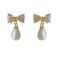Brass Stud Earring, with Freshwater Pearl, gold color plated, fashion jewelry & micro pave cubic zirconia & for woman, nickel, lead & cadmium free, 23x14mm, Sold By Pair