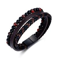 Stainless Steel Jewelry Bracelet 304 Stainless Steel with Leather & Red Tiger Eye Stone & Agate handmade fashion jewelry & multilayer & for man 12.50mm Length Approx 21 cm Sold By PC