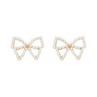Zinc Alloy Stud Earring with Plastic Pearl Bowknot high quality plated fashion jewelry & for woman & hollow golden nickel lead & cadmium free Sold By Pair