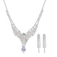 Tibetan Style Jewelry Sets, earring & necklace, with 16cm extender chain, Teardrop, silver color plated, for woman & with rhinestone, nickel, lead & cadmium free, 1.2cm,3.4cm,0.9x4.2cm, Length:34 cm, Sold By Set