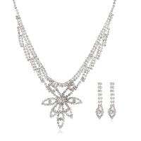 Tibetan Style Jewelry Sets, earring & necklace, with 14cm extender chain, Flower, silver color plated, for woman & with rhinestone, nickel, lead & cadmium free, 3.8x4.4cm,1x3.8cm, Length:28 cm, Sold By Set