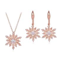 Tibetan Style Jewelry Sets, earring & necklace, Snowflake, rose gold color plated, for woman & with rhinestone, nickel, lead & cadmium free, 1.5cm,1.5x3.4cm, Length:45 cm, Sold By Set