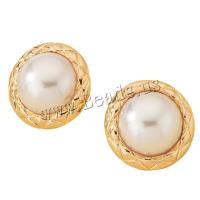 Tibetan Style Stud Earring, with Plastic Pearl, Round, gold color plated, fashion jewelry & for woman, white, 30x30mm, Sold By Pair