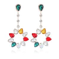 Tibetan Style Drop Earrings, with Glass Rhinestone, Flower, gold color plated, fashion jewelry & for woman, mixed colors, 65x130mm, Sold By Pair