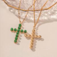 Stainless Steel Jewelry Necklace 304 Stainless Steel with Natural Stone & Plastic Pearl with 5.5cm extender chain Cross plated fashion jewelry 31mm Length 40.5 cm Sold By PC
