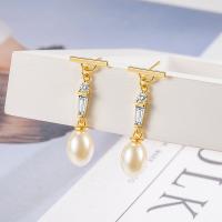 Cubic Zirconia Micro Pave Brass Earring, with Plastic Pearl, fashion jewelry & micro pave cubic zirconia & for woman, nickel, lead & cadmium free, 12x32mm, Sold By Pair