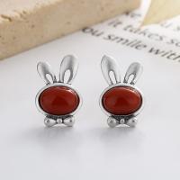 925 Sterling Silver Stud Earrings with Yunnan Red Agate Rabbit Antique finish fashion jewelry & for woman nickel lead & cadmium free 15mm Sold By Pair