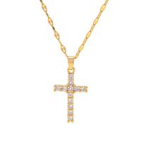Stainless Steel Jewelry Necklace, 304 Stainless Steel, with 2.36inch extender chain, Cross, 18K gold plated, fashion jewelry & micro pave cubic zirconia & for woman, golden, 24.20mm, Length:Approx 15.75 Inch, Sold By PC
