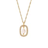 Stainless Steel Jewelry Necklace, 304 Stainless Steel, with Freshwater Pearl, with 1.97inch extender chain, 18K gold plated, fashion jewelry & micro pave cubic zirconia & for woman, golden, 28mm, Sold Per Approx 16.14 Inch Strand