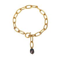 Stainless Steel Jewelry Bracelet, 304 Stainless Steel, with Plastic Pearl, 18K gold plated, fashion jewelry & for woman, golden, Sold Per Approx 8.46 Inch Strand