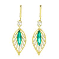 Cubic Zirconia Micro Pave Brass Earring Leaf 14K gold-filled fashion jewelry & micro pave cubic zirconia & for woman golden nickel lead & cadmium free 46mm Sold By Pair
