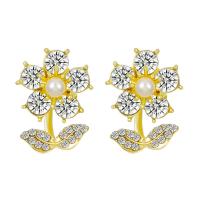 Zinc Alloy Stud Earring with Plastic Pearl Flower plated fashion jewelry & micro pave cubic zirconia & for woman nickel lead & cadmium free Sold By Pair