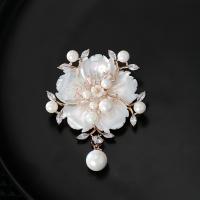 Cubic Zirconia Brooch, Brass, with Shell Pearl & Cubic Zirconia, Flower, fashion jewelry & for woman, nickel, lead & cadmium free, 47x63mm, Sold By PC