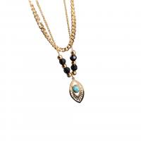 Titanium Steel Necklace with Glass Beads & turquoise with 2inch extender chain Leaf Vacuum Ion Plating Double Layer & oval chain & for woman & hollow Length Approx 16.5 Inch Sold By PC