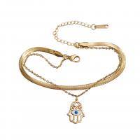Titanium Steel Bracelet, with 2inch extender chain, Evil Eye Hamsa, gold color plated, Double Layer & for woman & enamel, Length:Approx 6.3 Inch, Sold By PC