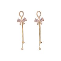 Zinc Alloy Tassel Earring Bowknot gold color plated for woman & with rhinestone Sold By Pair
