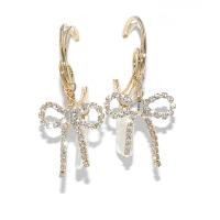 Zinc Alloy Drop Earring with Plastic Pearl Bowknot gold color plated for woman & with rhinestone 50mm Sold By Pair