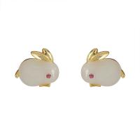 Brass Earring Clip, with Jade, Rabbit, gold color plated, fashion jewelry & for woman, white, nickel, lead & cadmium free, 17x15mm, Sold By Pair