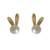 Brass Earring Clip with Freshwater Pearl Rabbit gold color plated fashion jewelry & micro pave cubic zirconia & for woman nickel lead & cadmium free Sold By Pair