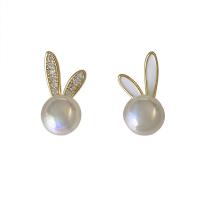 Brass Earring Clip, with Plastic Pearl, Rabbit, gold color plated, fashion jewelry & micro pave cubic zirconia & for woman, nickel, lead & cadmium free, 17x8mm, Sold By Pair