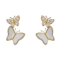 Brass Earring Clip, with Shell, Butterfly, gold color plated, fashion jewelry & micro pave cubic zirconia & for woman, nickel, lead & cadmium free, 25x16mm, Sold By Pair