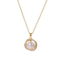 Stainless Steel Jewelry Necklace, 304 Stainless Steel, with Plastic Pearl, with 1.77inch extender chain, Vacuum Ion Plating, fashion jewelry & for woman & with rhinestone, golden, 21mm, Sold Per Approx 16.14 Inch Strand