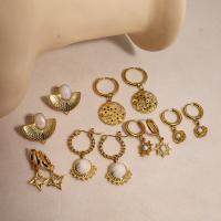 Huggie Obruč náušnice, Titanium ocel, s Přírodní kámen, módní šperky & různé styly pro výběr & pro ženy, zlatý, Prodáno By Pair