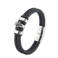 Bracelets cordon PU, cuir PU, avec acier inoxydable 316L, crane, Vintage & pour homme, noire, Longueur:21.5 cm, Vendu par PC