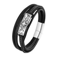 Bracelets cordon PU, cuir PU, avec acier inoxydable 316L, Boussole, le style de punk & pour homme, noire, Longueur:21.5 cm, Vendu par PC