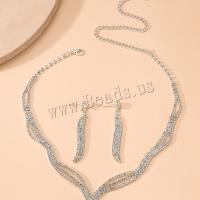 Conjuntos de joyería de aleación de zinc, pendiente & collar, con 18CM extender cadena, chapado en color de plata, para mujer & con diamantes de imitación, 7x55mm, longitud:aproximado 34 cm, Vendido por Set