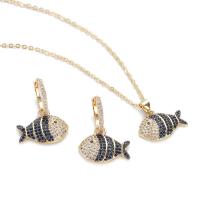Brass Jewelry Set, earring & necklace, Fish, real gold plated, micro pave cubic zirconia & for woman, more colors for choice, Sold By Set