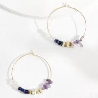 Brass Hoop Earring, with Natural Stone, Unisex, more colors for choice, nickel, lead & cadmium free, 46x52mm, Sold By PC
