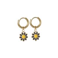304 Stainless Steel Huggie Hoop Drop Earring Flower gold color plated fashion jewelry & for woman & enamel Sold By Pair