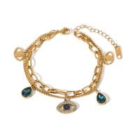304 Stainless Steel Bracelet, with 2inch extender chain, Evil Eye, 18K gold plated, Double Layer & Unisex & with rhinestone, Length:Approx 6.3 Inch, Sold By PC
