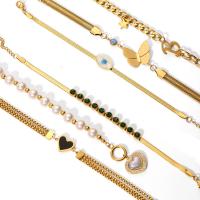 304 Stainless Steel Bracelet, with Resin & Plastic Pearl, 18K gold plated, different styles for choice & micro pave cubic zirconia & for woman & enamel, Length:Approx 6.3 Inch, Sold By PC