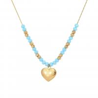 Titanium Steel Necklace with turquoise & Glass Seed Beads gold color plated & for woman Length Approx 15.7 Inch Sold By PC