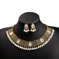 Tibetan Style Jewelry Set, earring & necklace, with Plastic Pearl, gold color plated, 2 pieces & Bohemian style & for woman & with rhinestone, more colors for choice, 29x20mm, Length:Approx 17.1 Inch, Sold By Set