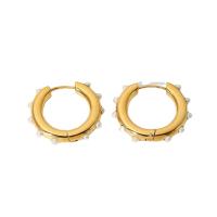 Stainless Steel Huggie Hoop Earring, 304 Stainless Steel, with Plastic Pearl, 18K gold plated, fashion jewelry & for woman, golden, 25.94mm, Sold By Pair