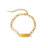 Stainless Steel Jewelry Bracelet, 304 Stainless Steel, with Freshwater Pearl, with 1.7inch extender chain, 18K gold plated, fashion jewelry & for woman, golden, 7.97mm, Sold Per Approx 6.7 Inch Strand