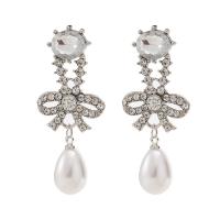 Zinc Alloy Drop Earring with Plastic Pearl Bowknot plated for woman & with rhinestone Sold By Pair